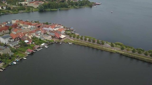 Aerial panoramic view of the beautiful town of Malchow in the Mecklenburg Lake District, Germany