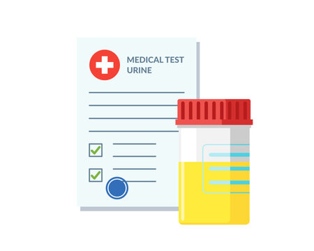 Plastic jar urine test and medical form list with results data and approved check mark vector illustration. Flat clinical checklist document with urinalysis. Insurance or medicine service concept