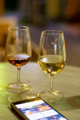 Always online and sherry wine tasting, selection of different jerez fortified wines made from palamino, pedro ximenez and muscat white grapes, El Puerto de Santa Maria, Andalusia, Spain