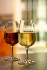 Sherry wine tasting, selection of different jerez fortified wines made from palamino, pedro ximenez and muscat white grapes, El Puerto de Santa Maria, Andalusia, Spain