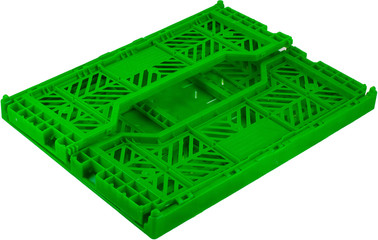 foldable green plastic storage box on a white background.