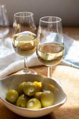 Sherry wine tasting, dry fino  jerez fortified wine made from palamino white grapes, El Puerto de Santa Maria, Andalusia, Spain