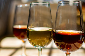 Sherry wine tasting, selection of different jerez fortified wines made from palamino, pedro ximenez and muscat white grapes, El Puerto de Santa Maria, Andalusia, Spain