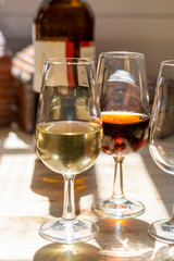 Sherry wine tasting, selection of different jerez fortified wines made from palamino, pedro ximenez and muscat white grapes, El Puerto de Santa Maria, Andalusia, Spain