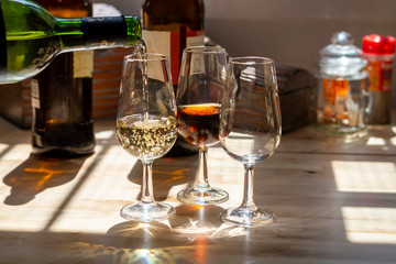 Sherry wine tasting, selection of different jerez fortified wines made from palamino, pedro ximenez and muscat white grapes, El Puerto de Santa Maria, Andalusia, Spain