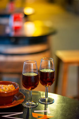 Sherry wine tasting, selection of different sweet jerez fortified wines made from pedro ximenez and muscat white grapes, Jerez de la Frontera, Andalusia, Spain