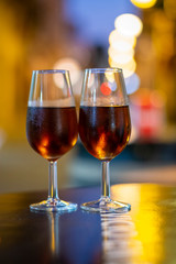 Sherry wine tasting, Christmas sherry, selection of different sweet jerez fortified wines made from pedro ximenez and muscat white grapes, Jerez de la Frontera, Andalusia, Spain
