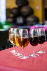 Sherry wine tasting, selection of different jerez fortified wines from dry to very sweet, Jerez de la Frontera, Andalusia, Spain