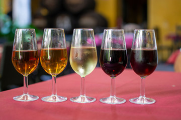 Sherry wine tasting, selection of different jerez fortified wines from dry to very sweet, Jerez de la Frontera, Andalusia, Spain