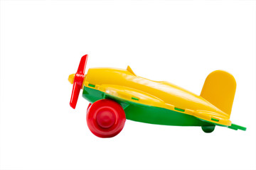 yellow toy airplane with propeller and landing gear isolate on a white background without shadow. The concept of travel and flight.