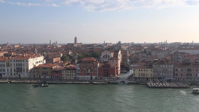 Venice, Italy: Aerial view waterfront district dorsoduro with Promenade "Fondamenta Zattere al Ponte Longo" (view from a cruise  liner on the Giudecca Canal)