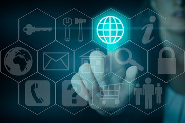 Woman pressing the button with the world wide web icon on a virtual screen