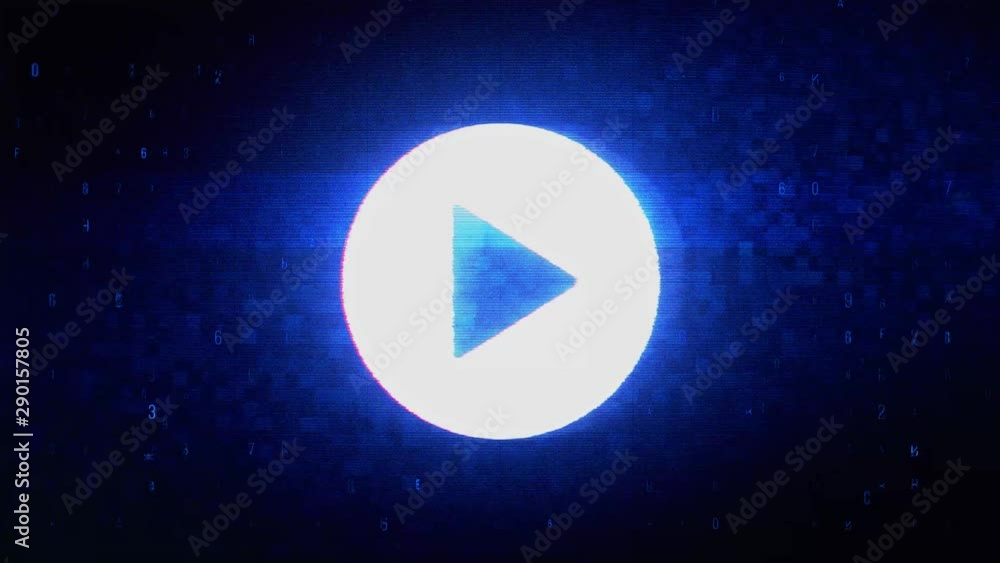 Poster play video symbol abstract digital pixel noise glitch error video damage signal loop 4k animation.