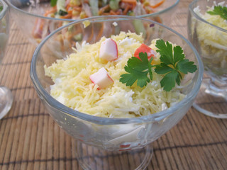 home-made dish salad with cheese and shrimp