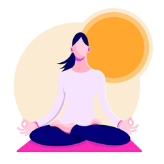Young woman sitting in yoga lotus pose. concept of meditation, the health benefits for the body, mind and emotions. inception and the search for ideas. Vector illustration in flat style