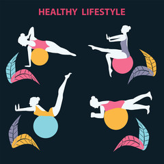 Fitball - Exercises on a bouncy ball - silhouettes of girls - vector. Healthy lifestyle. Pilates. Fitness. Yoga. Aerobics.
