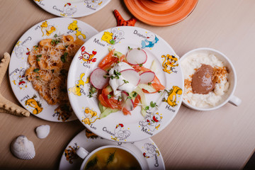  set of seafood and different dishes in a restaurant on a starfish background