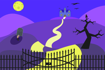 Vector illustration of halloween background with haunted house, gravestone, moon and yard.