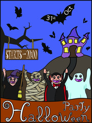 Vector illustration of halloween party invitation with mummy, vampire, ghost, witch, haunted house, moon and bats