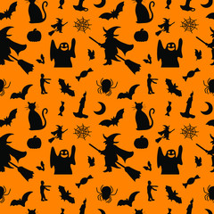 Pattern of different vector illustration silhouette for halloween. Icon of mummy, pumpkin, witch, ghost, zombie, bats, vampire, tomb and more cartoons