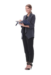 serious businesswoman reading a business document. isolated on white