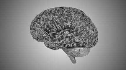 3D render of brain simulated Artificial neural network or connectionist system processing of big data machine intelligence wire frame shapes deforming