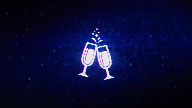 Cheers Toast Two Glasses Champagne Symbol Abstract Digital Pixel Noise Glitch Error Video Damage Signal Loop 4K Animation.