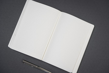 Pure white sheet of paper, notebook, glasses with a pen. Top view, space for text