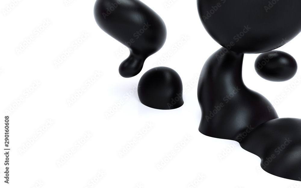 Poster liquid abstraction 3d rendering illustration. black smooth bubbles on isolated white background. mat