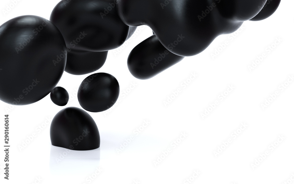 Poster liquid abstraction 3d rendering illustration. black smooth bubbles on isolated white background. mat