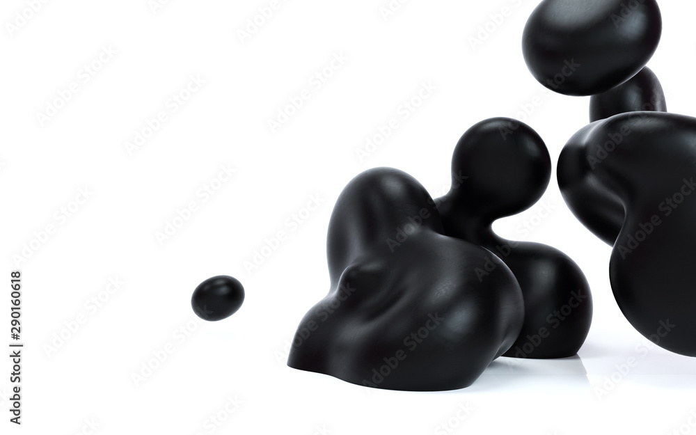 Poster liquid abstraction 3d rendering illustration. black smooth bubbles on isolated white background. mat
