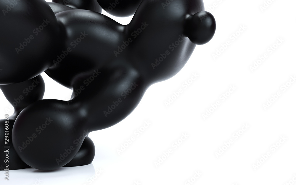 Poster liquid abstraction 3d rendering illustration. black smooth bubbles on isolated white background. mat