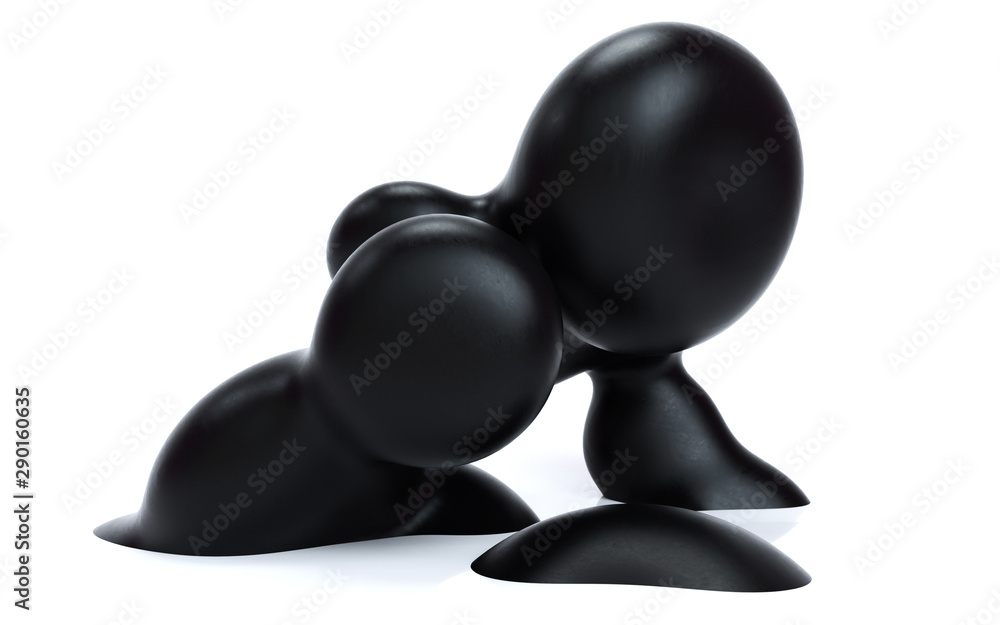 Poster liquid abstraction 3d rendering illustration. black smooth bubbles on isolated white background. mat