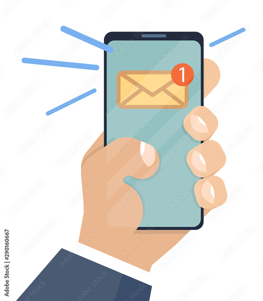 Poster Email notification on smartphone and in hand. Flat illustration in cartoon style.  Inbox unread mail, new emails message. Notification, mailing, notification, message. Message concept. Vector image