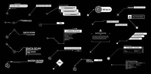 Callouts titles set. HUD style. Futuristic callout bar labels, information call box bars and modern digital info boxes layout templates. Interface elements HUD, UI, GUI. Vector Titles collection 
