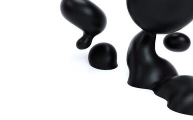 Liquid abstraction 3d rendering illustration. Black smooth bubbles on isolated white background. Matte plastic material. Horizontal template with space for text.