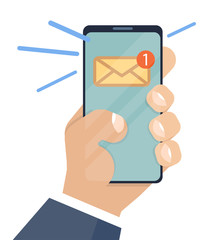 Email notification on smartphone and in hand. Flat illustration in cartoon style.  Inbox unread mail, new emails message. Notification, mailing, notification, message. Message concept. Vector image