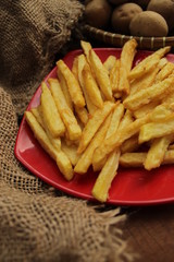 conceptual photo of homemade french fries on red plate