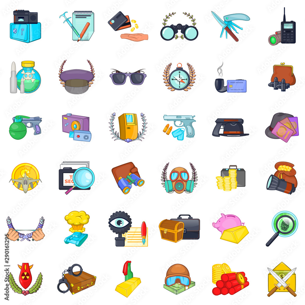 Poster espionage icons set. cartoon set of 36 espionage vector icons for web isolated on white background