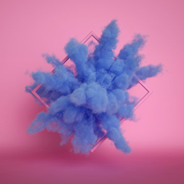 3d Render, Fluffy Blue Cloud Isolated On Pink Background, Dust Or Mist, Object Inside Rhombus Frame