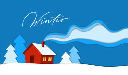 Beautiful house in winter season paper cut style background vector illustration. Merry Christmas and happy new year card. Hand drawn lettering script - Winter.