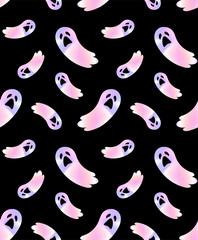 Vector holographic seamless pattern cute cartoon flat flying ghost isolated on black background