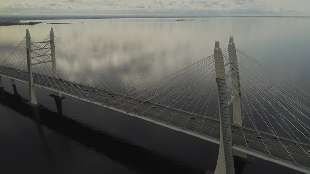 Aerial view fly around cable bridge at Saint-Petersburg