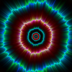 Shock Waves on Impact / A digital abstract work with an explosive design showing shock waves in turquoise, red, green and blue. - 290163052