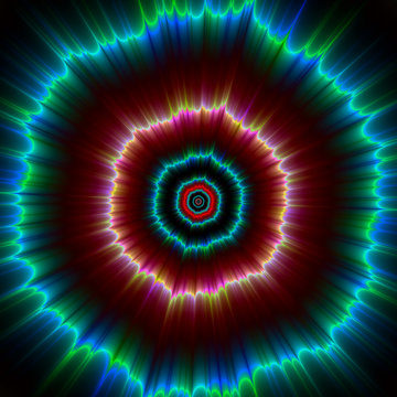 Shock Waves on Impact / A digital abstract work with an explosive design showing shock waves in turquoise, red, green and blue.