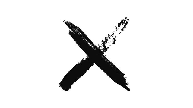 Abstract black cross painted by wide brush strokes on white background, monochrome. Animation. Black X letter, crossed lines, denial concept.