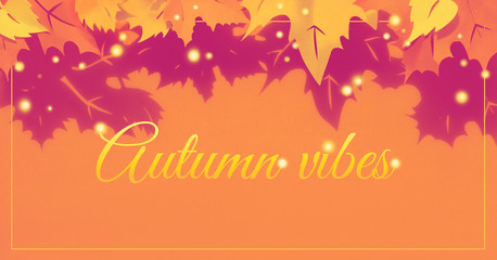Autumn leaves with shadows, flat lay with frame and text 