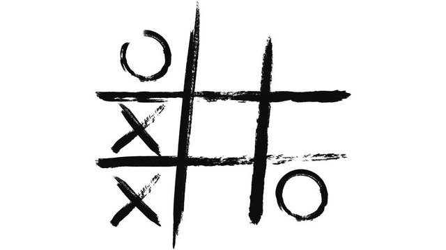 Abstract drawn tic-tac-toe game, isolated on white background, monochrome. Animation. Strategic tic-tac-toe winning painted by wide black brush strokes.