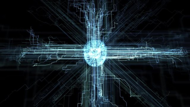 Artificial Intelligence Brain CPU starts calculating data, electrons move from working AI processor growing digital circuit board lines