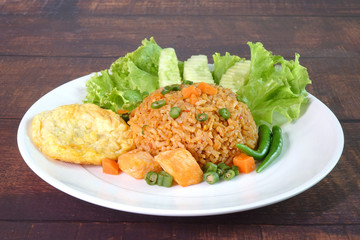 Spicy fried rice with chicken and fried egg. Thai food, Asian food